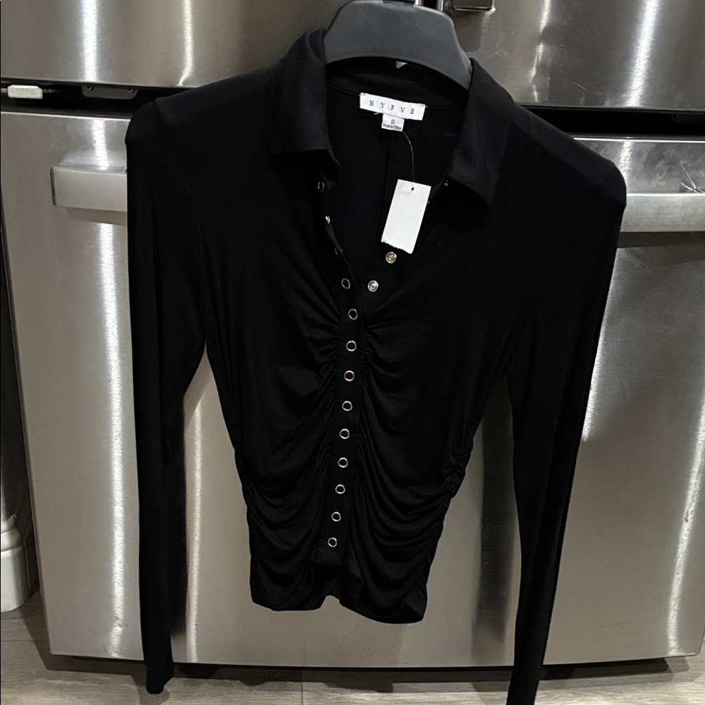 HYFVE Black Ruched Button-Down Shirt